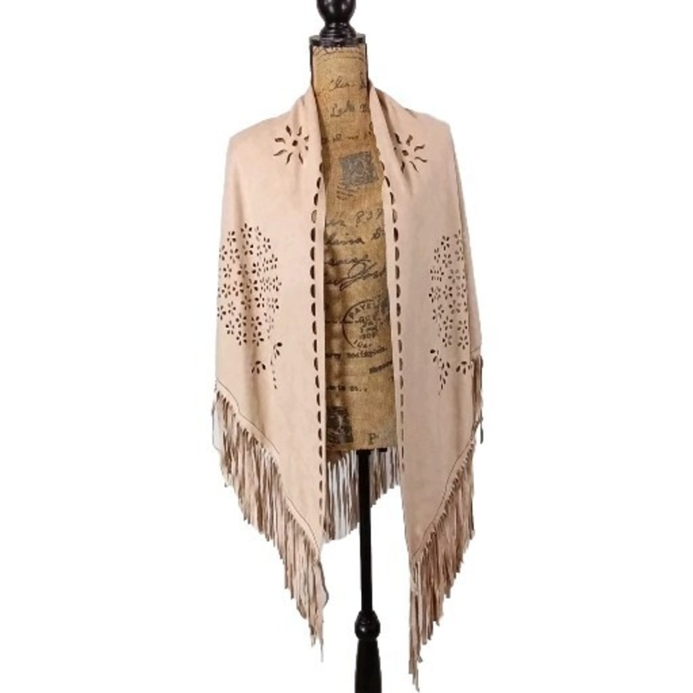 Womens Boho Shawl Tan Open Suede Fringe ONE SIZE Cut Out Flower Leaf Maurices